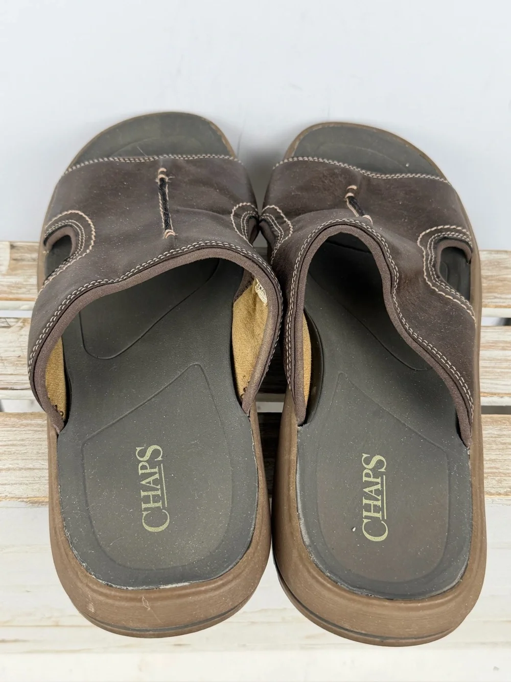 Chaps men's brown slide sandals contrast stitching and a cushioned footbed 11M